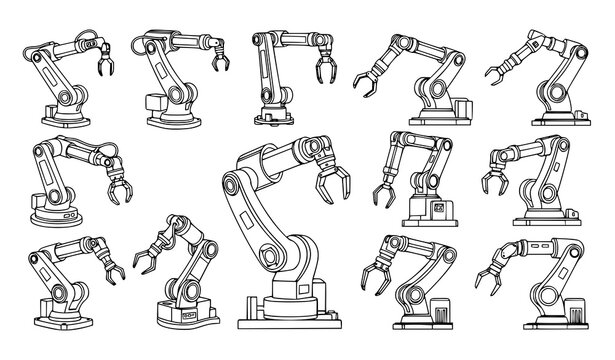 Industrial Robotic Arm Vector Icon Set Featuring Factory Automation Mechanical Manipulator Grippers and Line Art Tech Models for Smart Manufacturing Media Designs
