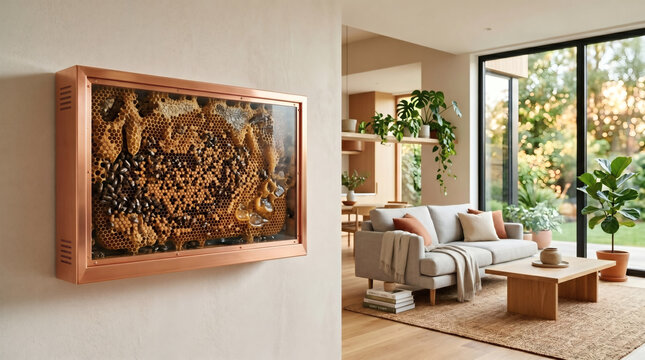 Luxury glass and wood observation beehive mounted on the wall of a modern living room.
