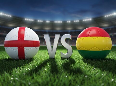 England vs Bolivia Football Match: Soccer Balls with Flags and VS Text on Stadium Grass