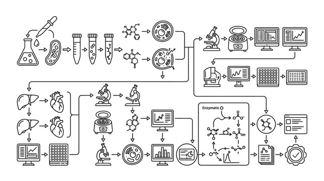 Laboratory research workflow with microscope and organ analysis.