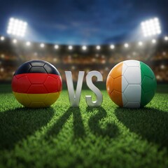 Fototapeta premium Germany vs Ivory Coast Soccer Match: Footballs on Grass with Stadium Lights