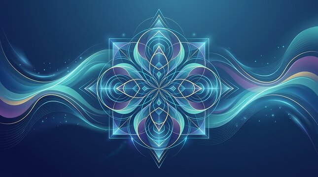 Mystical geometric mandala with flowing waves on deep blue background