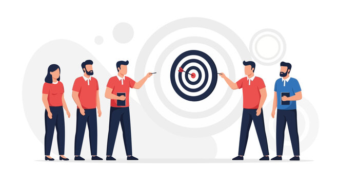 Team aiming at target with dart, representing business strategy, goal achievement, and teamwork