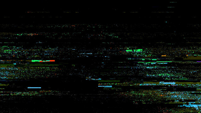 Abstract digital distortion background with glitching colored noise pixels and horizontal transmission scan lines.