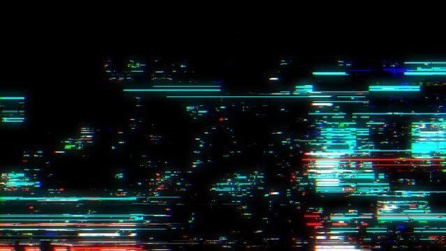 Glitch effect on black screen, digital noise background, data corruption, visual display error, abstract dark backdrop.