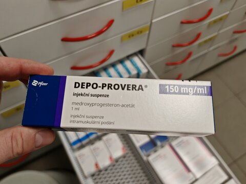 Prague,Czech Republic-April 2 2026: DEPO-PROVERA Medroxyprogesterone acetate by Pfizer injectable suspension used for contraception and hormonal therapy