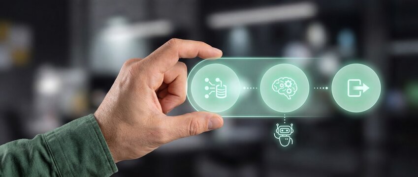 A person holds a glowing digital interface showing a data processing workflow with icons for database machine learning brain and output in a modern office environment