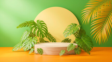 Fototapeta premium Wooden Podium Display with Monstera Leaves and Tropical Palm Fronds Minimalist 3D Render Backdrop for Product Mockup