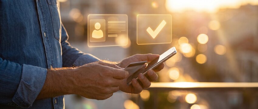 A man uses a smartphone and credit card for secure online identity verification and payment processing with digital holographic icons against a warm golden hour urban background