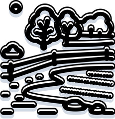 Obraz premium Natural outdoor scene depicting a simple stylized landscape with a winding pathway, a rustic fence, trees, and small hills under a bright sky, conveying a sense of serenity