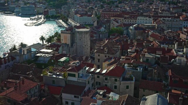 Panoramic aerial view of Split with Marjan park.
