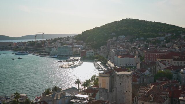 Panoramic aerial view of Split with Marjan park.