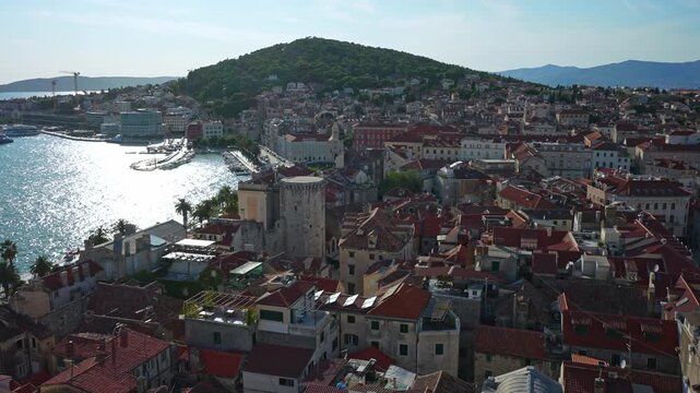 Panoramic aerial view of Split with Marjan park.
