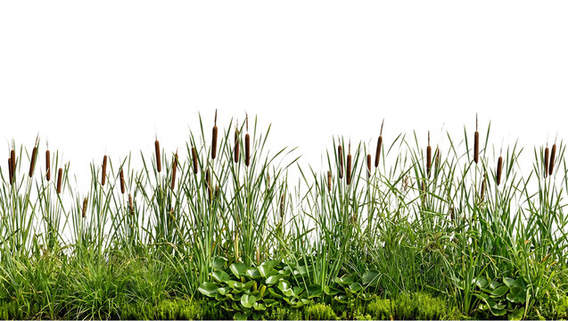 Tall green cattail plants with brown cylindrical spikes and lush marsh grasses arranged in a natural cluster isolated in a detailed studio shot on transparent background