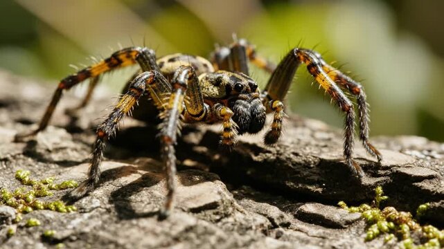 Close up macro view of a patterned wolf spider walking on a textured tree bark surface in natural forest lighting in a wild outdoor environment