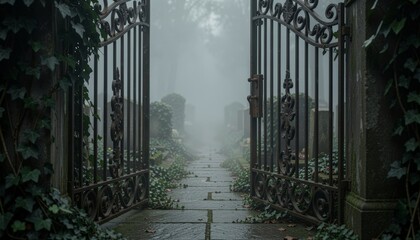 Naklejka premium Cemetery gates open with pale fog and iron entrance leading toward silent burial grounds