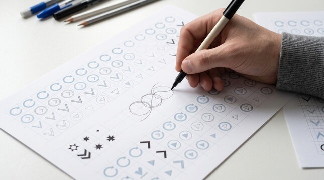 Hand sketching icon symbols on paper with pen, creative design concept for interface layout