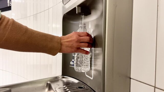A person uses a water station in a subway location to fill a plastic bottle with water in the morning.