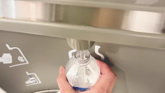 A person holds a plastic water bottle under a water fountain spout to fill it up with water in a public space during the day.