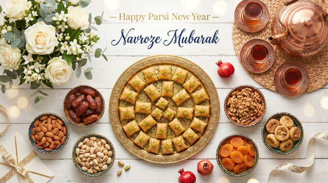 Navroz Mubarak Festive Food Flat Lay with Traditional Persian Sweets Tea Nuts and Parsi New Year Celebration
