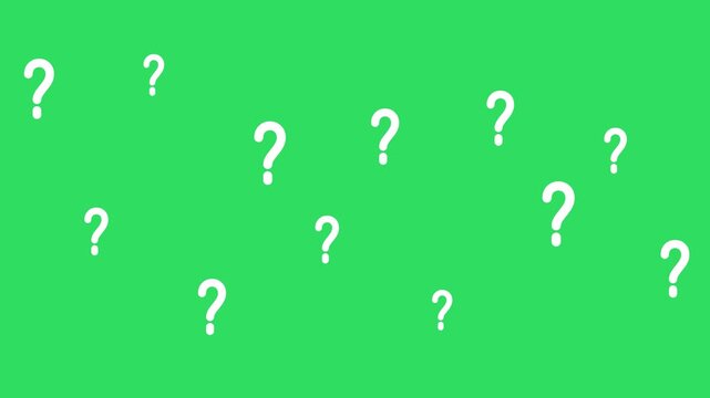 Question mark animation on green screen, white floating question marks for quiz and faq videos, mystery and curiosity concept motion graphics