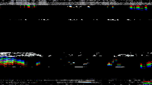 Abstract digital signal interference with glitch artifacts and pixelated screen static lines on dark technology background.
