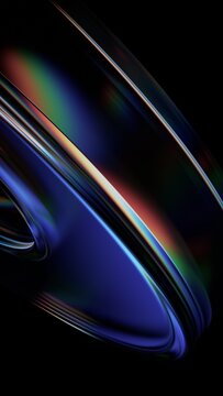 Abstract minimalist glass shape on a black background with color refraction effect, vertical 3d render