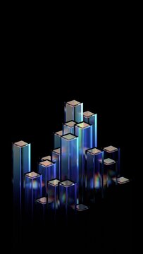 Abstract blue glass blocks on a black background, vertical 3d render