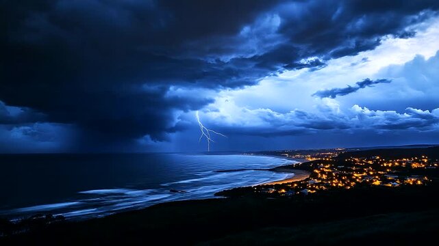 Dramatic Lightning Over Coastal Town at Dusk