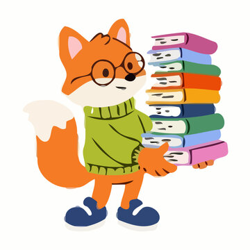 A cartoon fox wearing glasses holds a stack of colorful books.