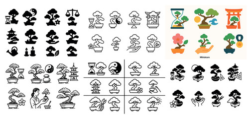 Fototapeta premium Zen garden icons with bonsai tree pot outline