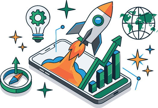Business startup rocket launch from smartphone isometric vector illustration