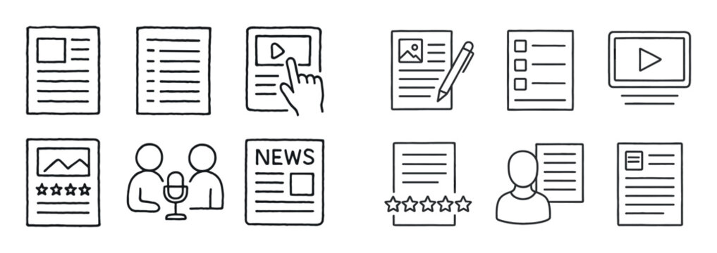 Editorial icons with article play button outline