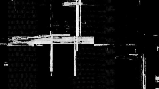 Monochromatic abstract glitch effect with white vertical lines and blocky pixel distortions on dark textured background.