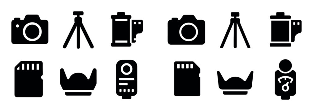 Photography icons with camera tripod card minimal