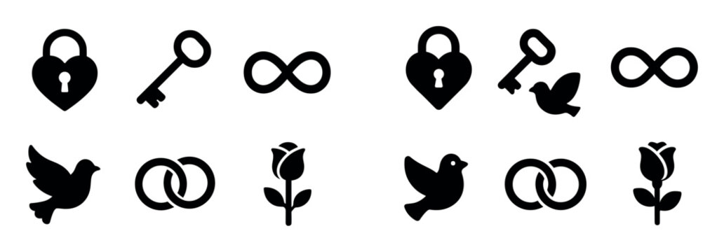 Romance icons with heart key dove solid