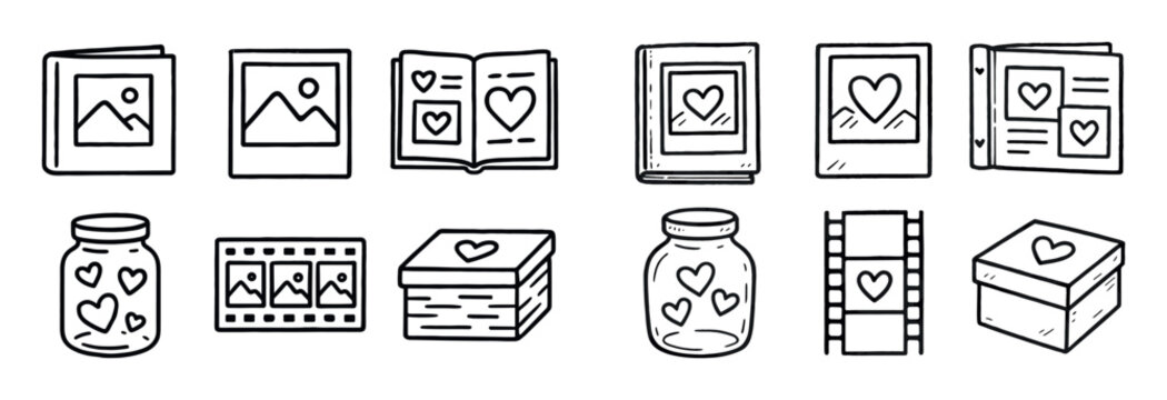Memory icons with album jar filmstrip handdrawn