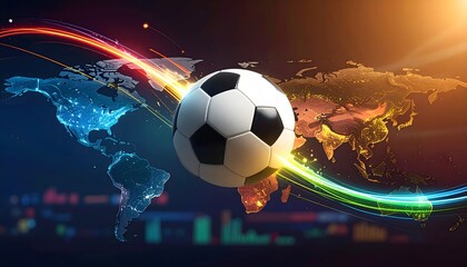 Soccer ball flying over world map.
