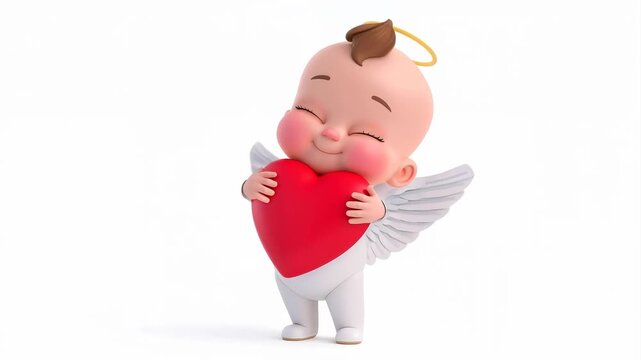 3D render of a funny cartoon baby angel with a heart on a white background, animation