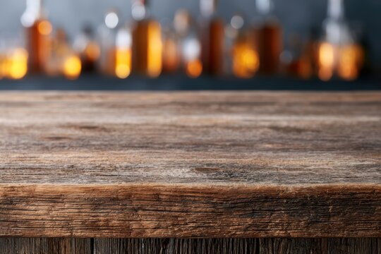 Rustic wooden bar counter with warm blurred bottles and ambient lighting