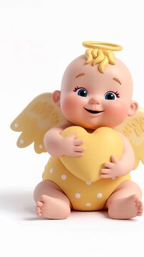 3D render of a funny cartoon baby angel with a heart on a white background, animation