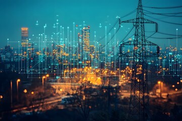 Naklejka premium High voltage towers against colorful sunset sky and city photography
