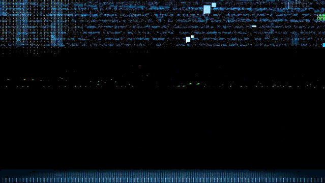 Digital glitch screen background with light blue and green pixel noise and black visual disruption lines.