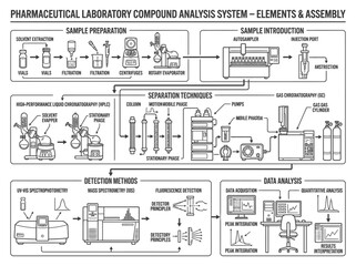 Obraz premium Pharmaceutical laboratory compound analysis system technical diagram.