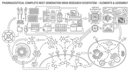 Obraz premium Next generation drug research and AI ecosystem flowchart.