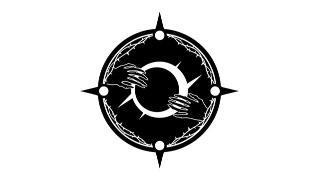 Mystical Compass Emblem: A circular emblem, resembling a compass rose, features an abstract, glowing orb at its center, embraced by two hands. Barbed wire encircles the design.