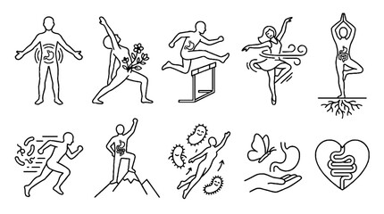 Fototapeta premium Gut health and digestive system wellness line icons set showing human figures in active poses.