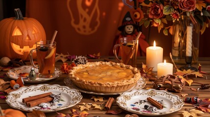 Fototapeta premium Cozy Halloween Apple Pie Table with Jack O Lantern, Hot Cider, Candles and Autumn Decorations