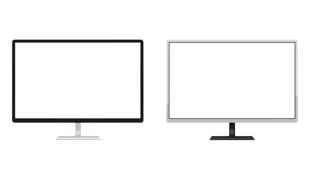 Two blank computer monitors with black and white frames side by side for technology comparison and workspace setup visualization projects.