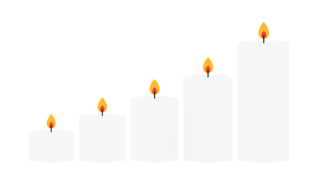 Five white pillar candles of varying heights with glowing flames arranged in ascending order for relaxation, spa, and home decor marketing visuals.